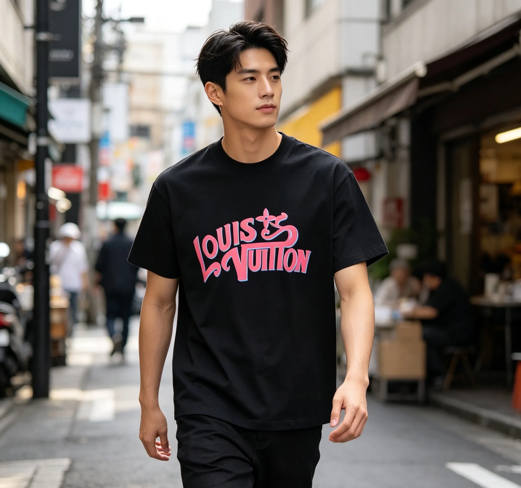 Louis Vuitton/Louis Vuitton pink graffiti 3D letter short sleeves